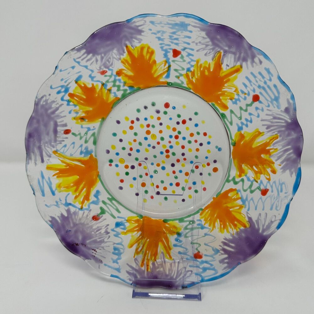 Handmade Fused Art Glass Plate Vibrant Confetti & Floral Design 9" Scallope Edge